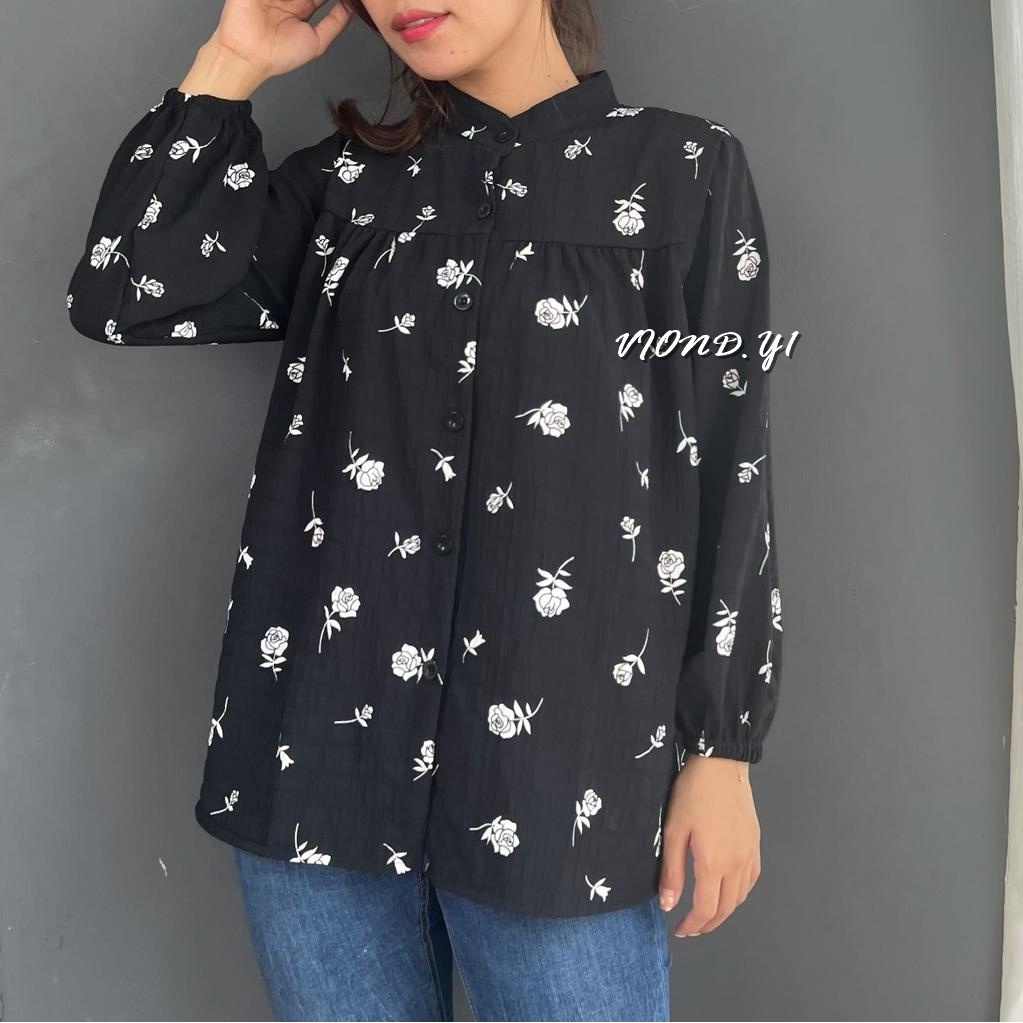 Blouse Rose Cewek Korea Import / Kemeja Blouse Flower Lengan Panjang Bunga Wanita Terlaris E19