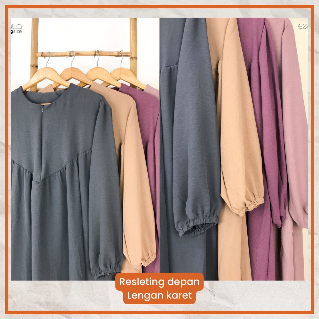 Ezpata Tunik Jumbo Polos Wanita Muslim Bigsize Bahan Crinkle Premium LD 128cm Resleting Depan Busui Friendly Lengan Karet Wudhu Friendly Model Terbaru Kekinian Berkualitas Termurah