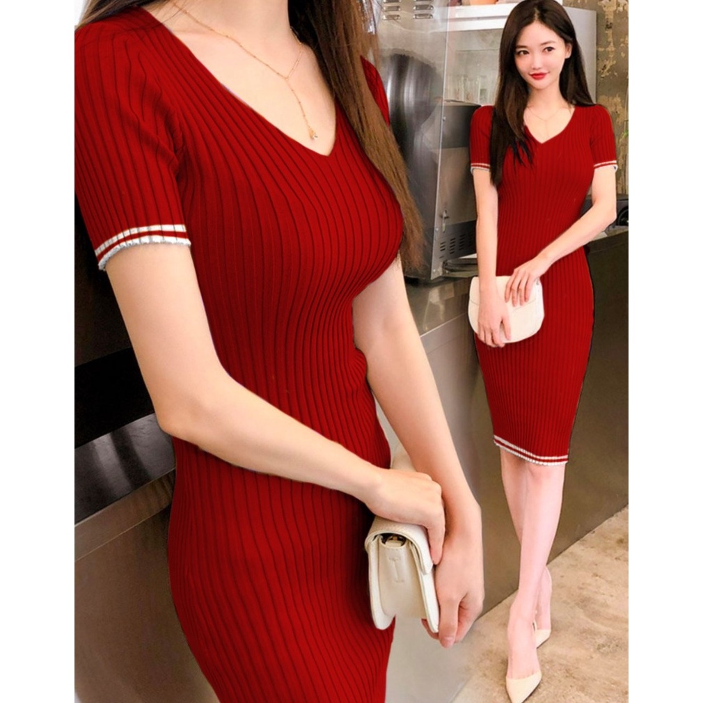 Basic id fashion Dres rajut bodycon / korean dres rajut / Baju rajut premium / Dres rajut V