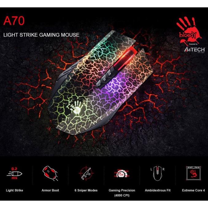 BLOODY A70 LIGHT STRIKE GAMING MOUSE - Activated Ultra Core 4 ready viral