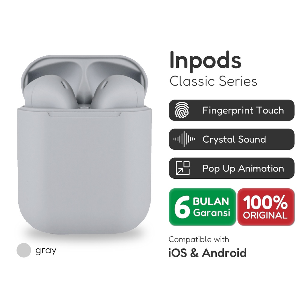 Official Inpods 12 Grey Headset Bluetooth TWS IOS &amp; Android