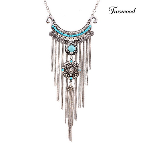 Kalung Rantai Choker Liontin Rumbai Panjang Turquoise Bahan Alloy Gaya Bohemian Untuk Wanita