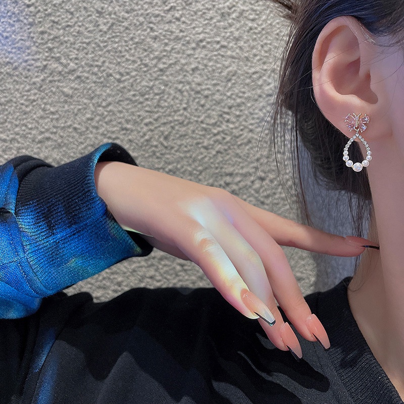 Anting Tusuk Gantung Sterling silver 925 Desain Kupu-Kupu Hias Zircon + Mutiara Untuk Wanita