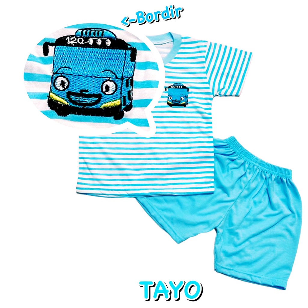 BAJU SETELAN PENDEK FASHION ATASAN CELANA OBLONG ANAK LAKI-LAKI/COWOK BAHAN KAOS KATUN BIRU BORDIR SALUR BUS