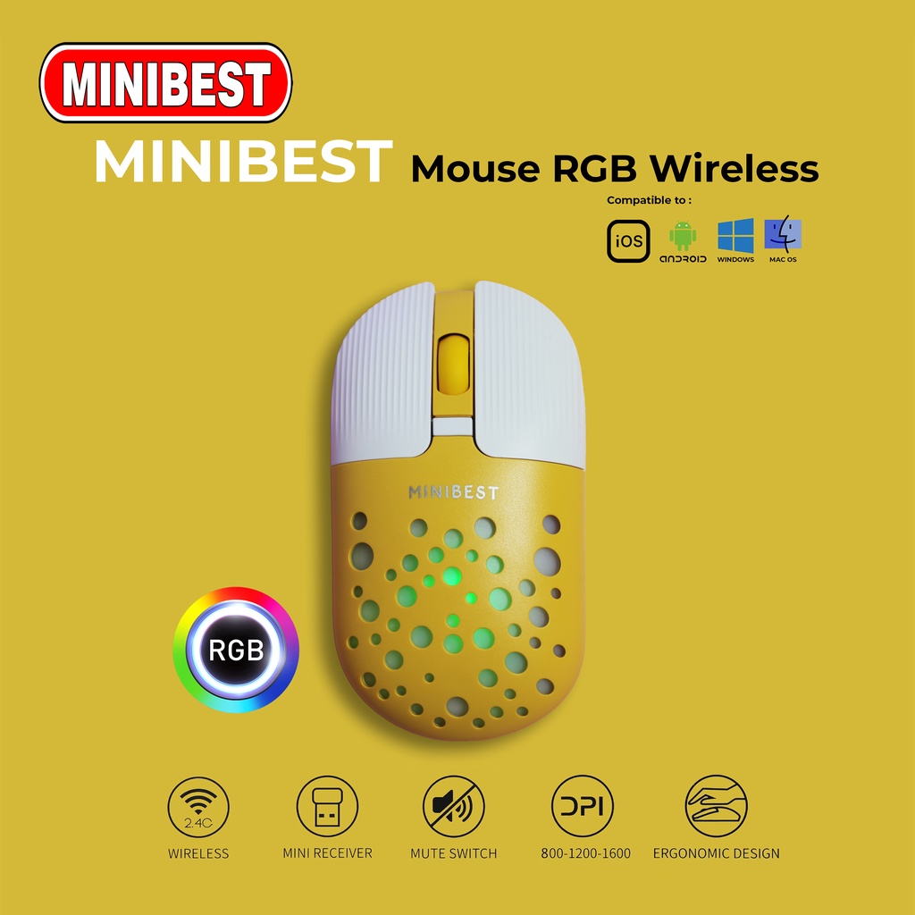 [MB] MN-B398 Yellow Mouse Wireless Bluetooth 1600DPI dengan Receiver USB untuk PC Laptop