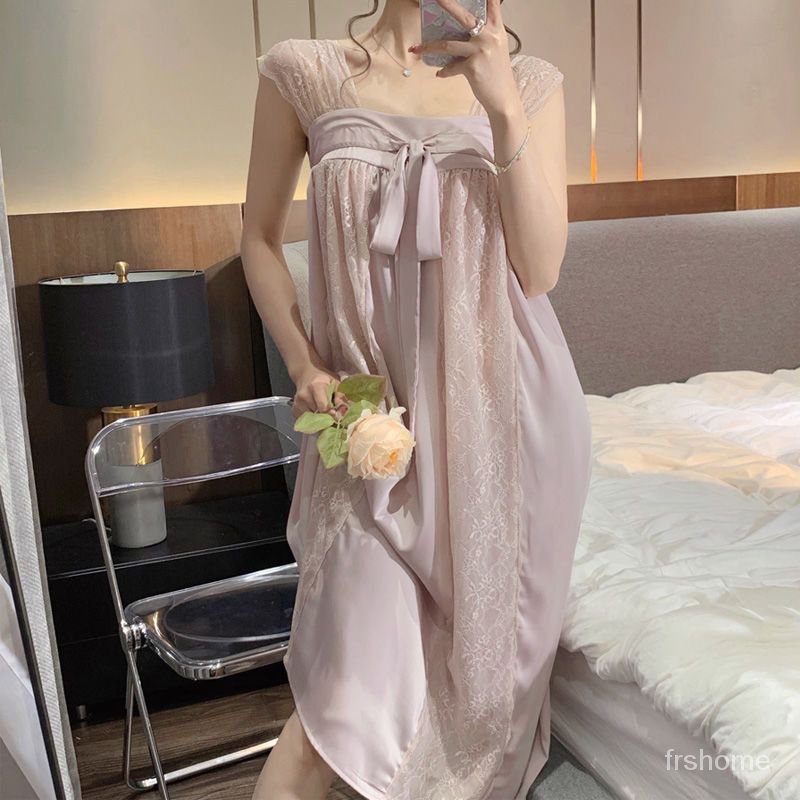 Manis putri busur renda renda suspender retro loungewear baju tidur panjang musim panas baru