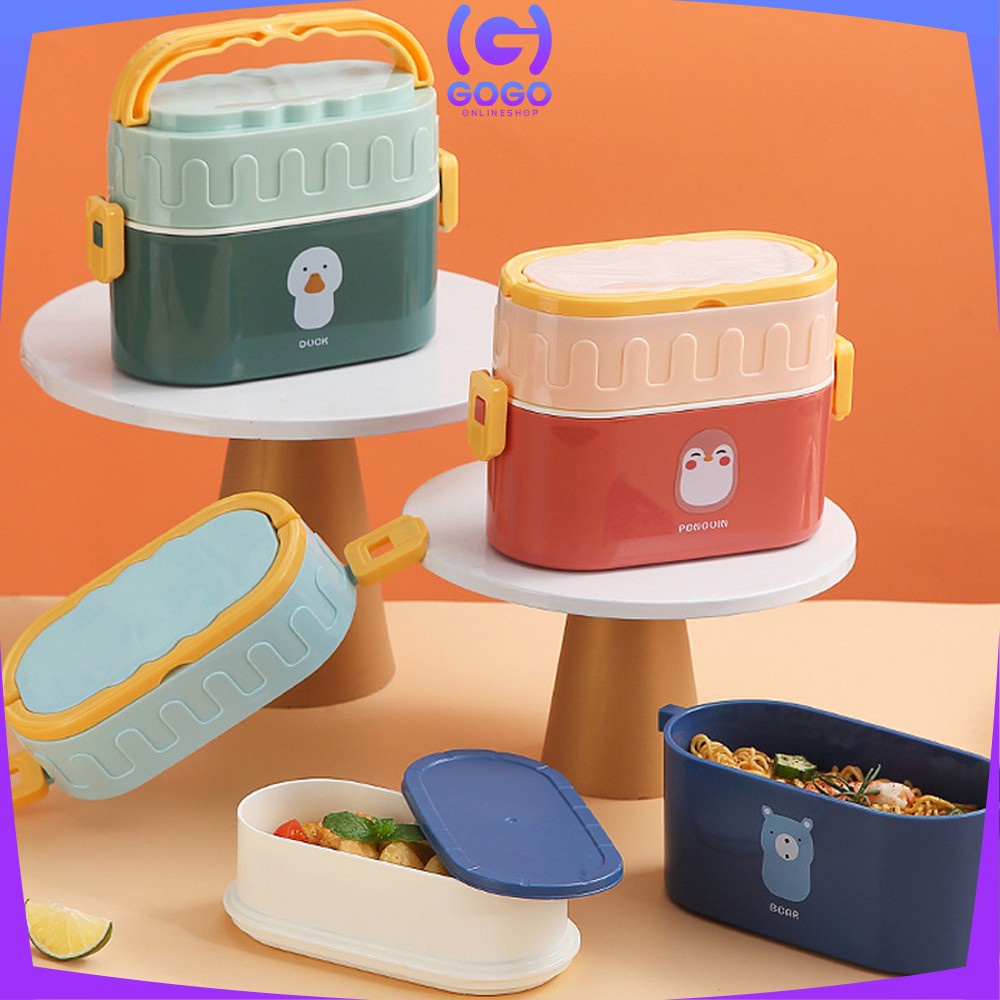 GOGO-C699 Tempat Makan 950ML Box Bento Set 2 Susun Free Sendok Anti Tumpah Dengan Pegangan / Kotak Bekal Tingkat Lunch Box Set Double Layer Portable