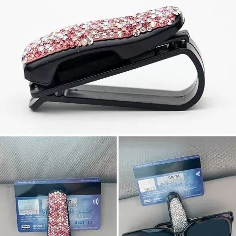 1pc Klip Holder Kacamata / Tiket / Dokumen Portable Hias Berlian Imitasi Untuk Sun Visor Mobil