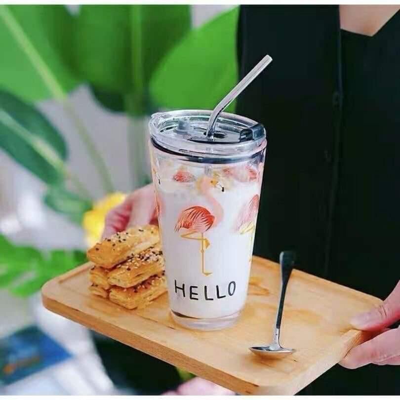 Gelas Aesthetic Viral Gelas Tumblr Kaca Bening Gelas Mug Gelas Kaca dengan Tutup Anti Bocor 450ml Botol Minum Kaca Gratis Sedotan