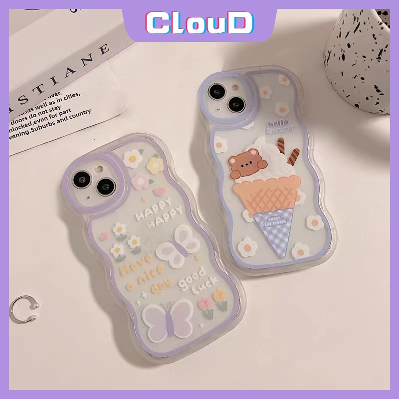 Ice Cream Kartun Beruang Lucu Case Samsung A04s A50 A04 A14 A13 A22 A32 A03s A02s A23 A11 A53 M32 A33 A30s A21s A20 A51 A03 A12 A52 A50s A52s A31 Wavy Edge Fresh Flower Soft Cover