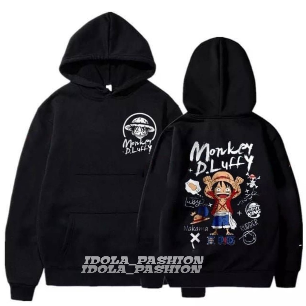 Jaket Hoodie One Piece Monkey D Luffy Putih Premium - Jaket Sweater Hoodie Anime One Piece D Luffy Kartun Kekinian Bahan Flece Tebal Gramasi 280 Size Lengkap S-M-L-XL-XXL