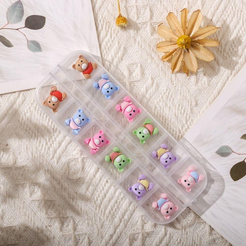 AUGUSTINA Agustin 3D Pesona Kuku 12grids /box Kawaii Nail Rhinestones Salon Kuku Manicure Aksesoris Dekorasi Kuku Kelinci