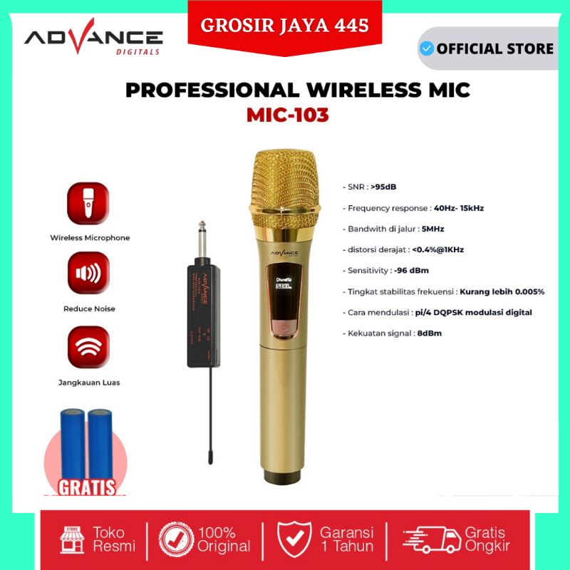 Advance Mic103 Microphone Profesional Mic Wireless Gold Bisa di Charger / Garansi 1 tahun