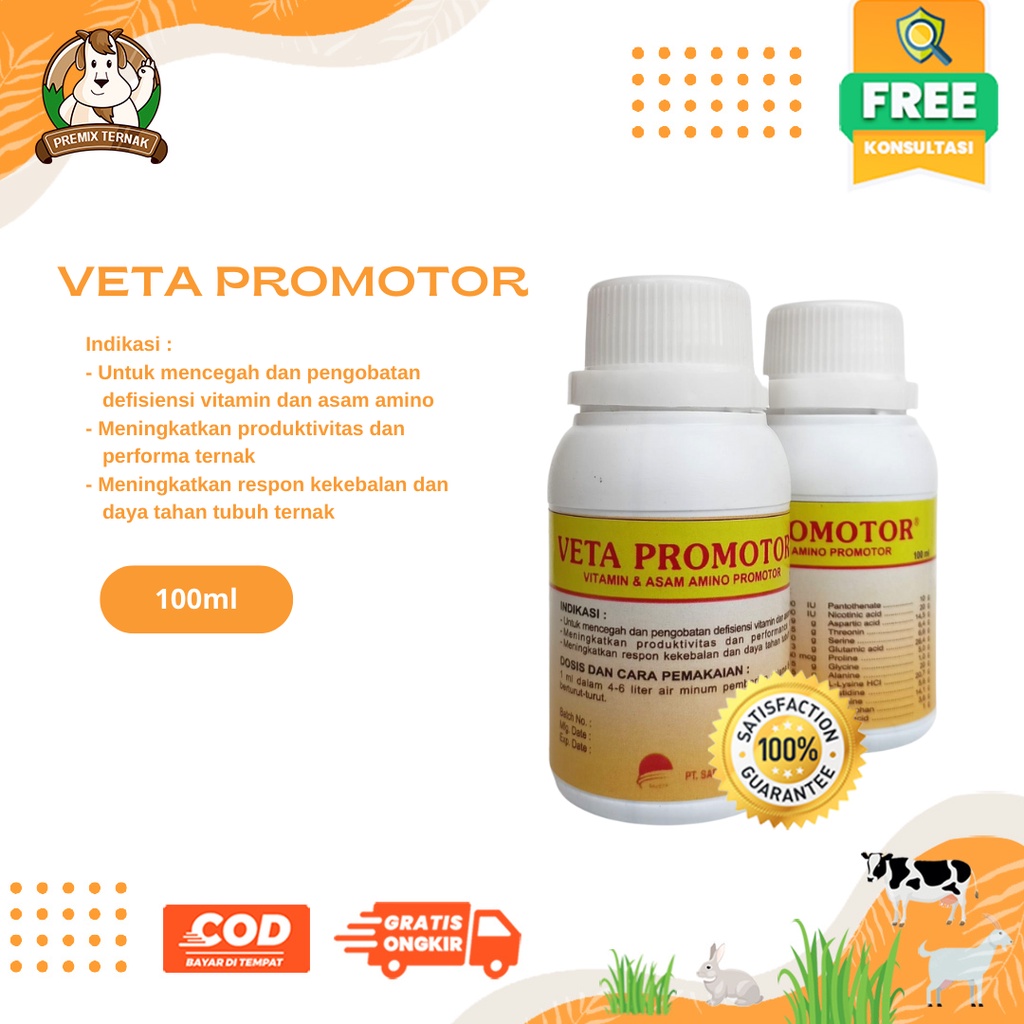 Veta Promotor 100 ml - Multivitamin &amp; Asam Amino Oral Lengkap - Mirip Introvit Oral - Asam Amino Larut Air untuk Ternak - Memacu Metabolisme dan pertumbuhan ternak Sapi Kambing Domba Cempe Pedet