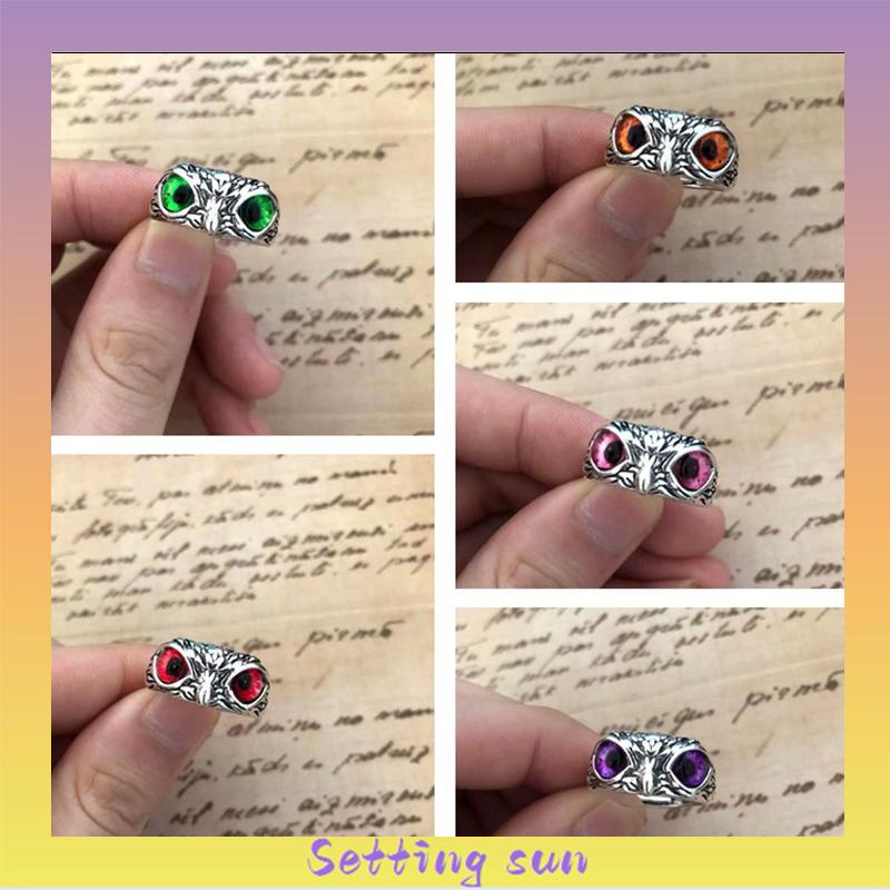 Kristal Vintage Style Burung Hantu Cincin Perak 925 Pria Wanita Punk Crystal Rings Adjustable Size TN