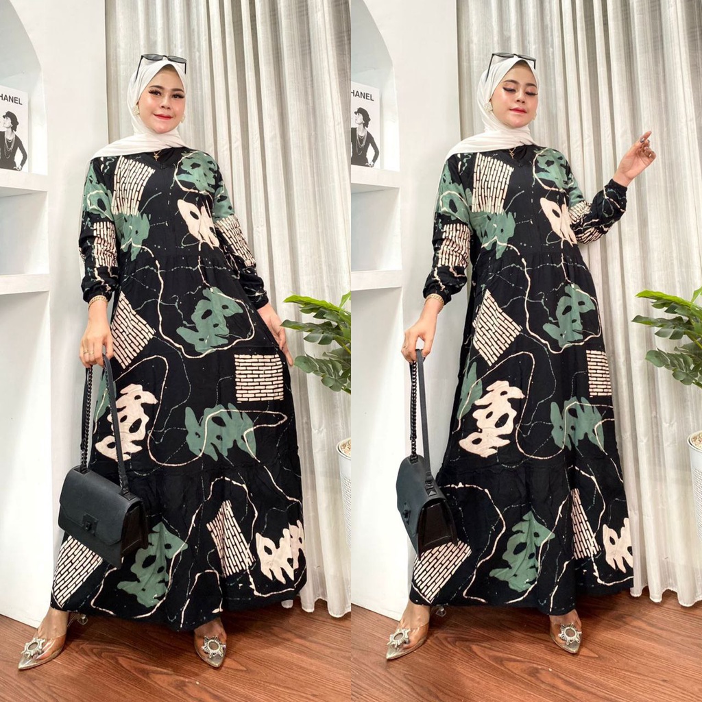 GAMIS RAYON MALAMAN MOTIF BLACK MAMBO RESLETING BUSUI BUMIL KEKINIAN DRESS WANITA SYARI VIRAL TERBARU