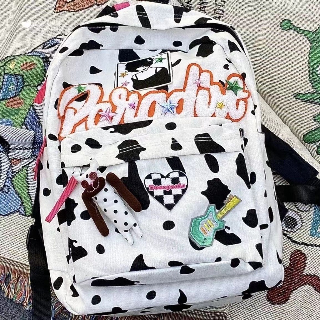 ✽♂№Asli Y2K Milenial Cute Kitty Ransel Merah Muda Sapi Garis Sekolah Niche Zipper Ransel Kasual