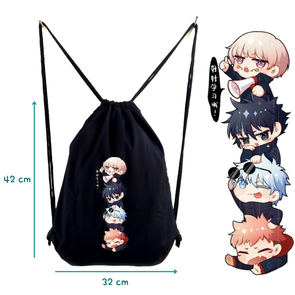 [LIMITED EDITION] Totebag Stringbag DTF Hitam Motif Chibi Jujutsu Tumpuk Manga Anime jujutsu kaisen kekinian tas kuliah sekolah kampus kerja olahraga