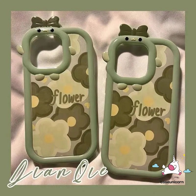 Case Realme C21Y C33 C25Y C11 C15 C30 C25 C25s C35 C31 8 8i 7 9 8pro 9pro+C21 C2 C1 C3 C17 5 6i 9i 5s 5 7i Ins Bunga Hijau Kartun 3D Busur Monster Kecil Lensa Soft Cover