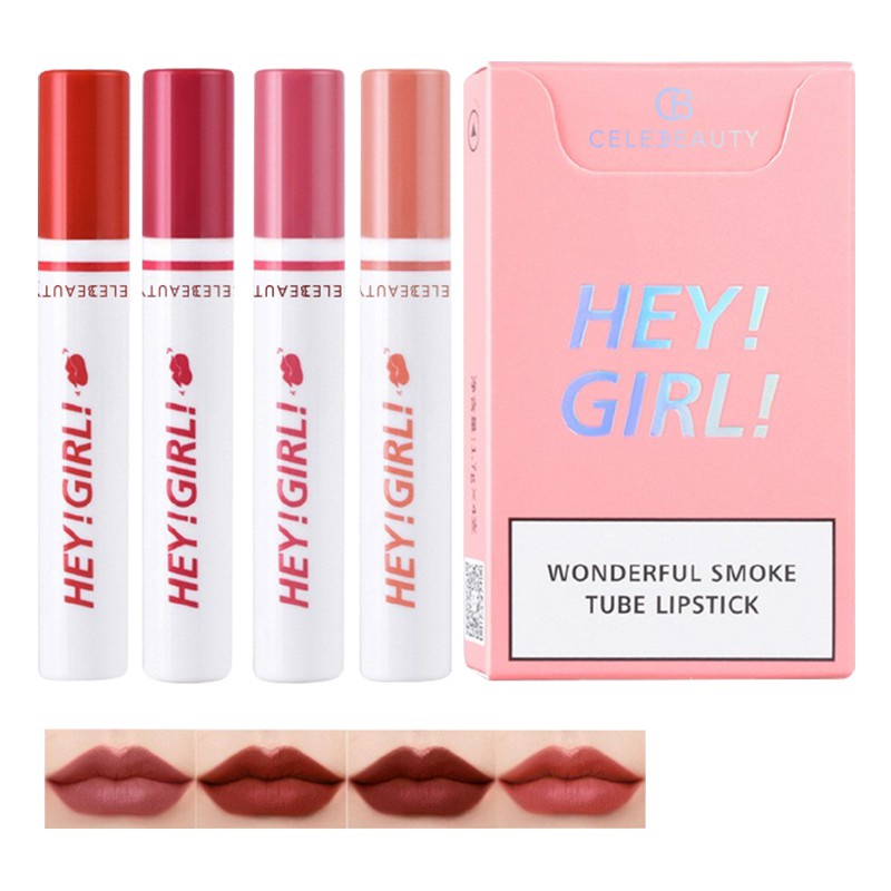 Beauty Jaya - Lipstik Hengfang Hey Girl Matte 4in1 Tahan Lama Lipstik Smoke Viral [ 1BOX ISI 4PCS ]