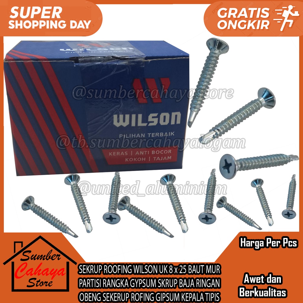 WILSON SEKRUP ROOFING 8 x 25 1 KOTAK BAUT MUR PARTISI GYPSUM SKRUP BAJA RINGAN OBENG SEKERUP ROFING 