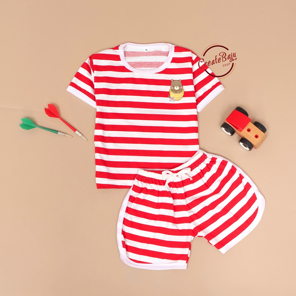 PROMO 7.7 SETELAN ANAK MOTIF SALUR KARAKTER BEAR KANTONG SETELAN ANAK POLOS UNISEX LENGAN PENDEK