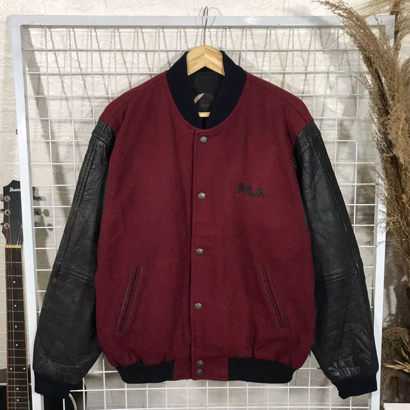 jaket bomber casual varsity fila vintage leather maroon second original