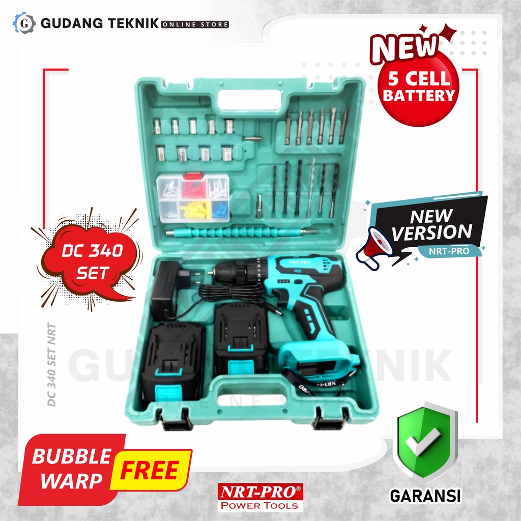 Cordless Drill NRT PRO DC 340 SET / Mesin Bor Baterai Impact Drill 20V Bor Tembok Beton Plus Set Aksesoris / DC340