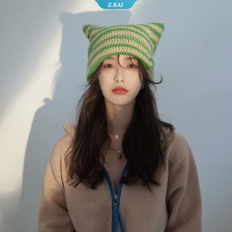 Topi Rajut Bahan Wol Motif Garis Aksen Telinga Kucing Gaya Kasual Untuk Wanita