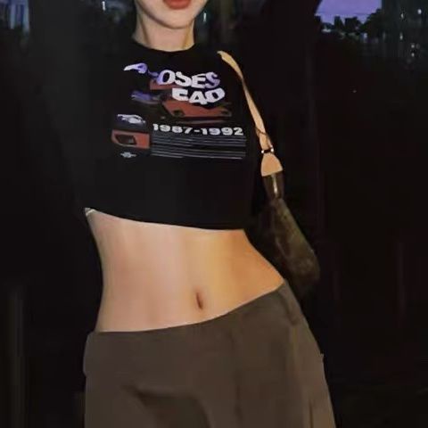 Suhao AGOSES 22AW American retro racing print hot girl lengan panjang T-shirt wanita musim gugur ketat crop top