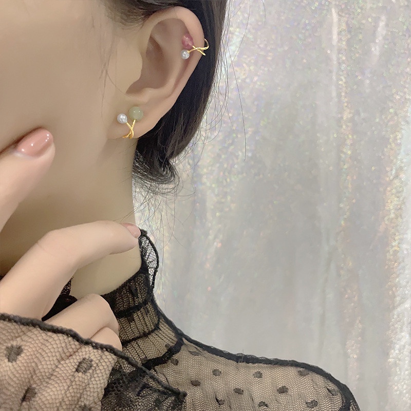 Anting Klip Mutiara Giok Hetian Alami Gaya Korea Untuk Wanita