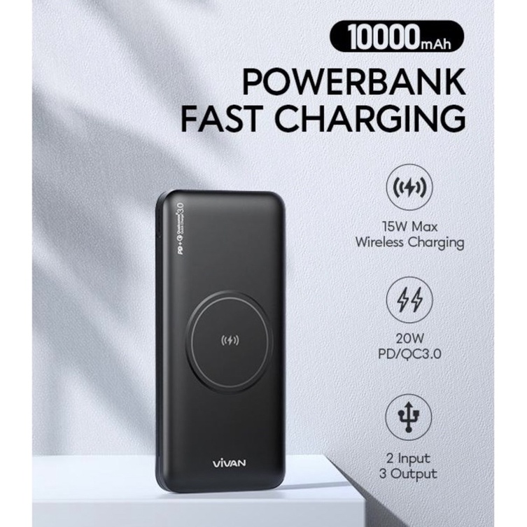 (VIVAN VPBW11) Powerbank 10000 mAh Wireless 3 Output PD Fast Charging 20W QC3.0 Support Semua Type Smartphone