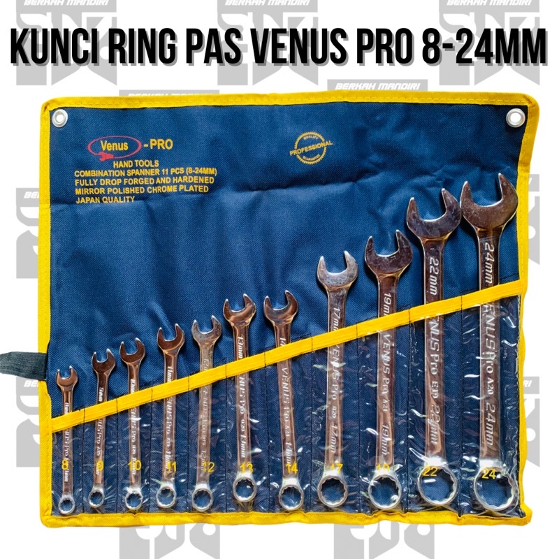 Kunci Ring Pas Set 8-24mm Venus Pro Combination Spanner Wrench Bahan Cr-v Kombinasi Ring dan Kunci Pas 8/9/10/11/12/13/14/17/19/22/24mm Multifungsi Bahan Chrome Vanadium Steel