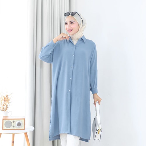 Pakaian Tunik oversize denim wanita muslimah terkini anti kusut bahan jatoh crinkle lurik modern kom