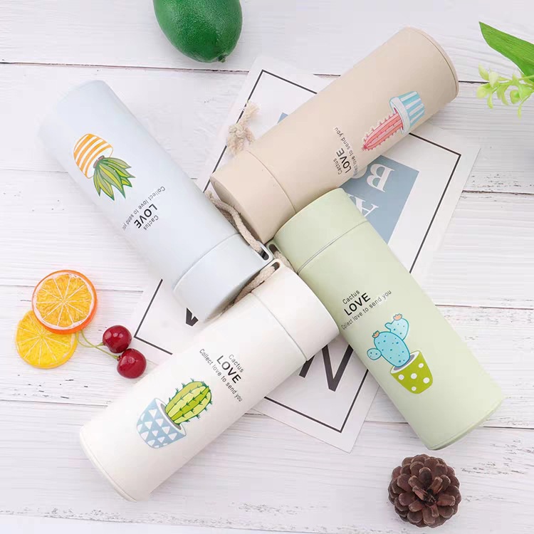 FAB 400ML Botol minum Kaca Thermos Botol Minum Unik Motif Kaktus Tumbler Termos /Botol Minum anak