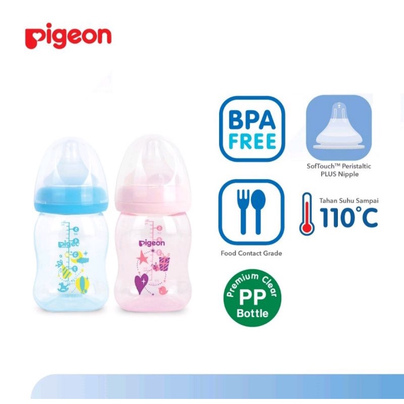 Pigeon Botol Susu Bayi PP Clear Wide Neck | Botol Susu Bayi | 160 ml | 240 ml | Pink &amp; Blue