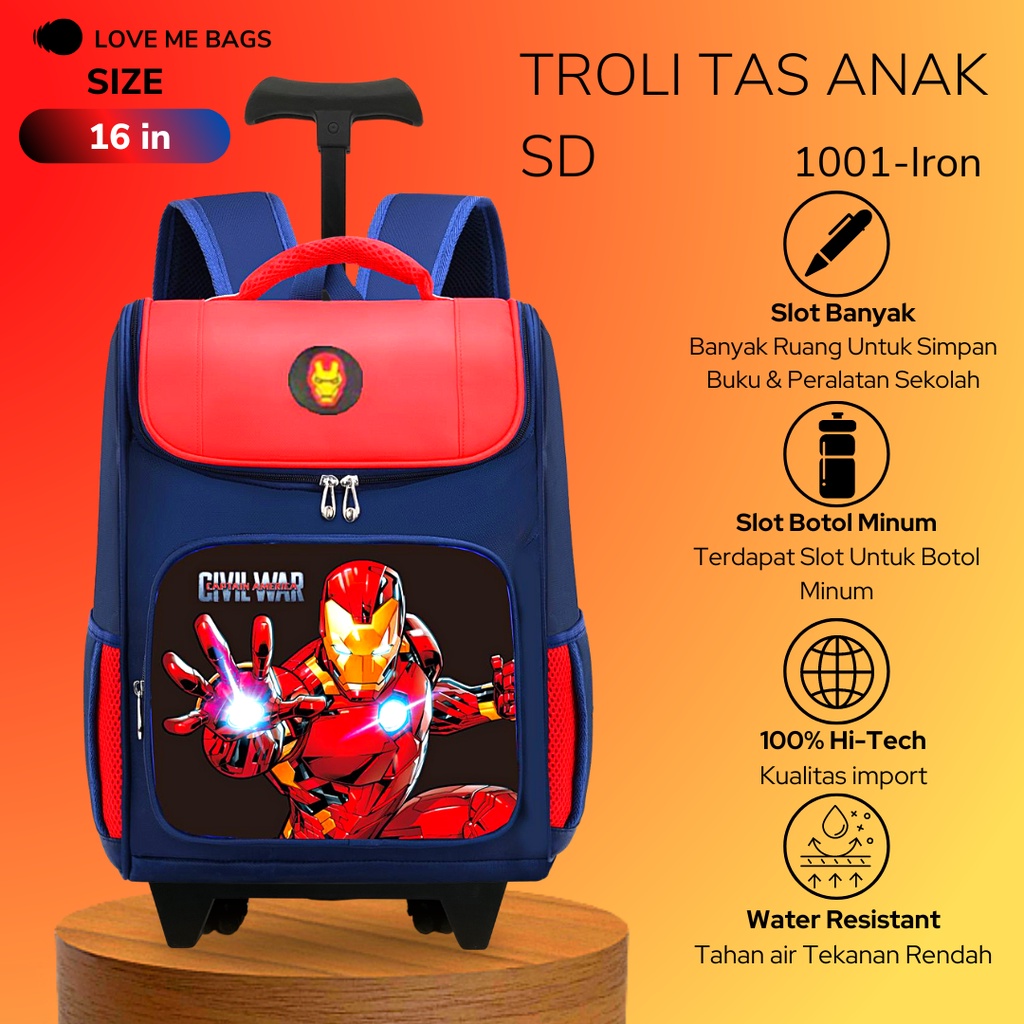 LMB Tas Troli Anak Sekolah Laki SD Import Karakter Superhero Bahan Nilon Premium Tebal dan Kuat Nyaman Dipakai