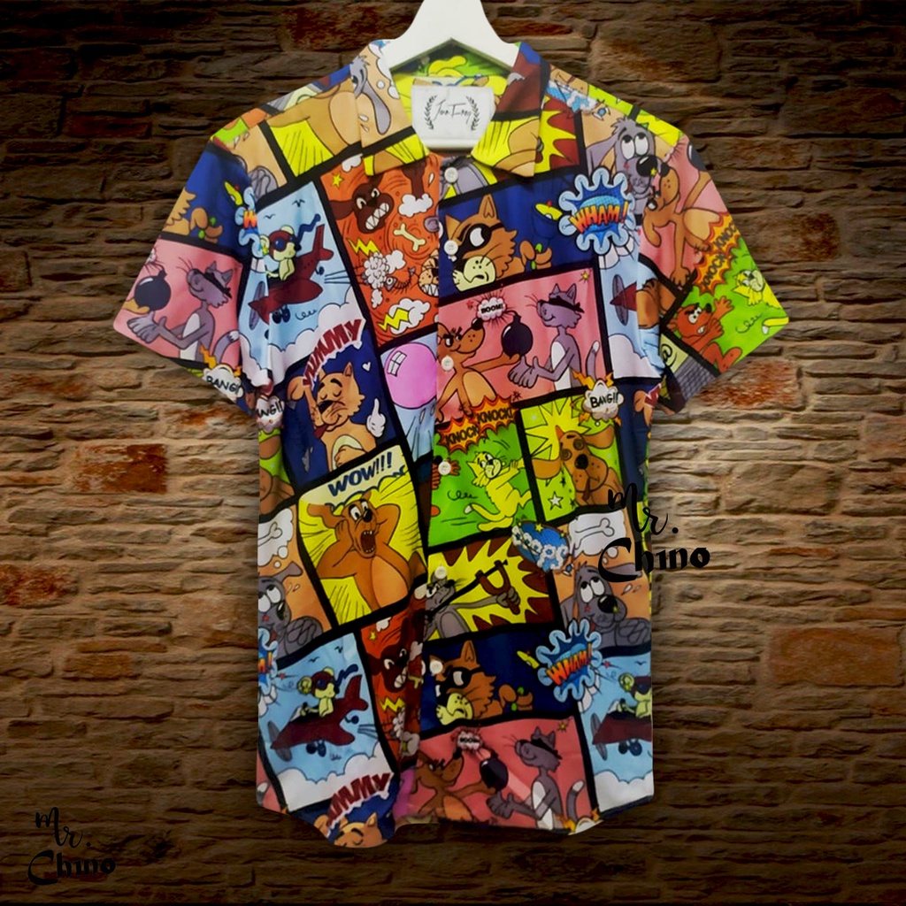 Baju Kemeja Motif Colorful Cartoon | Kemeja Pantai Pria Wanita Kekinian | Kemeja Hawai Karakter Kart