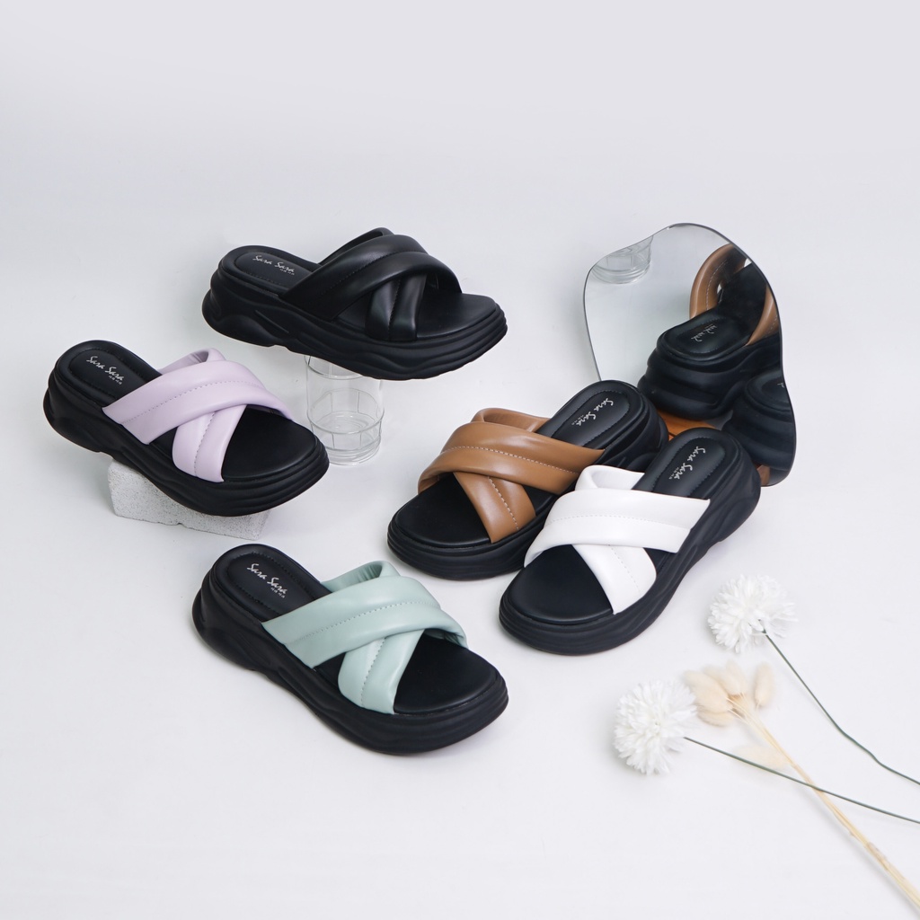 Sara Sara NAGITA Sandal platform wedges wanita casual sendal cewek ban dua silang tinggi kulit kekinian yuk