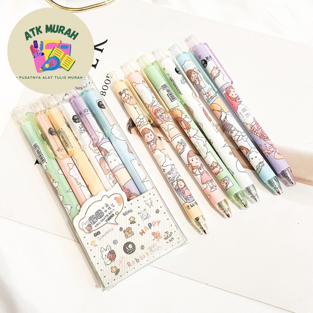 

PAKET PULPEN CETEK 1 SET ISI 6 BIJI MOTIF CEWE GIRL WANITA TERMURAH TINTA HITAM FREE BOX MIKA BENING