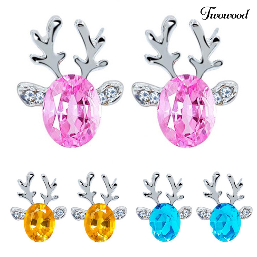 Anting Stud Desain Tanduk Rusa Aksen Batu Permata Tiruan 3D Untuk Wanita