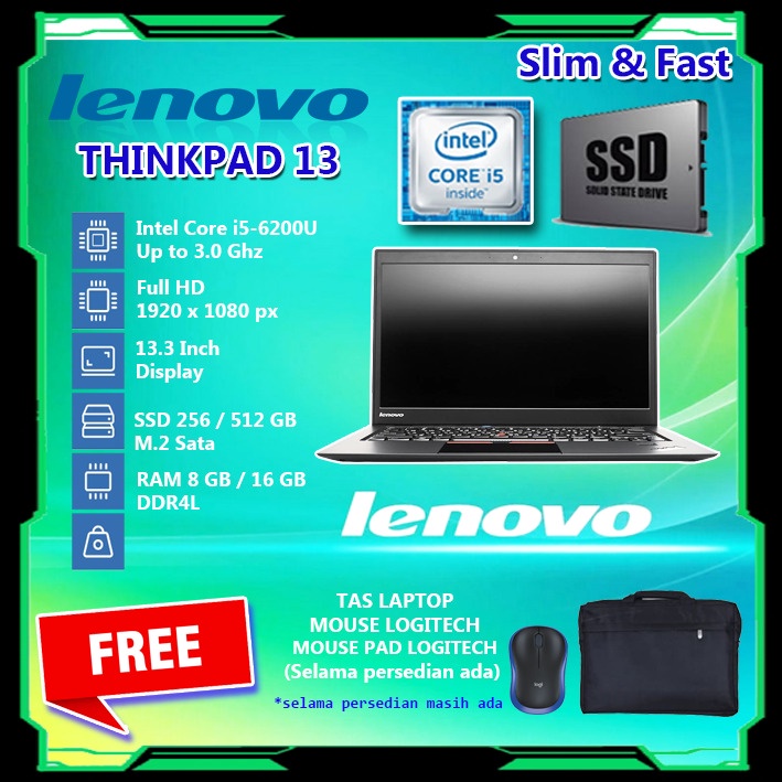 Laptop Lenovo intel core i5 Gen 6 ram 16 gb ddr4 ssd 512 gb Windoes 10