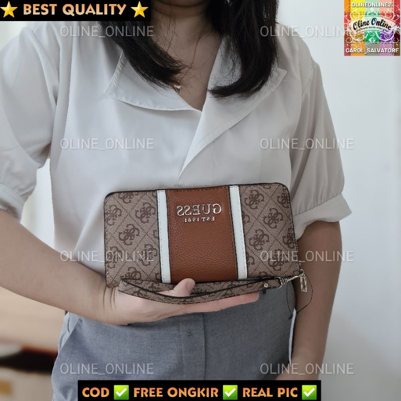 dompet wanita cathleen stripes logo 4g long wallet panjang zipper trifold gs roomy pouch