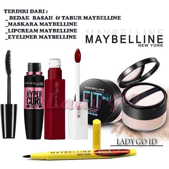 Promo!! Paket Bedak Basah Dan Tabur Fitme + Maskara Hypercurl + Lipcream Warna Random +Eyeliner