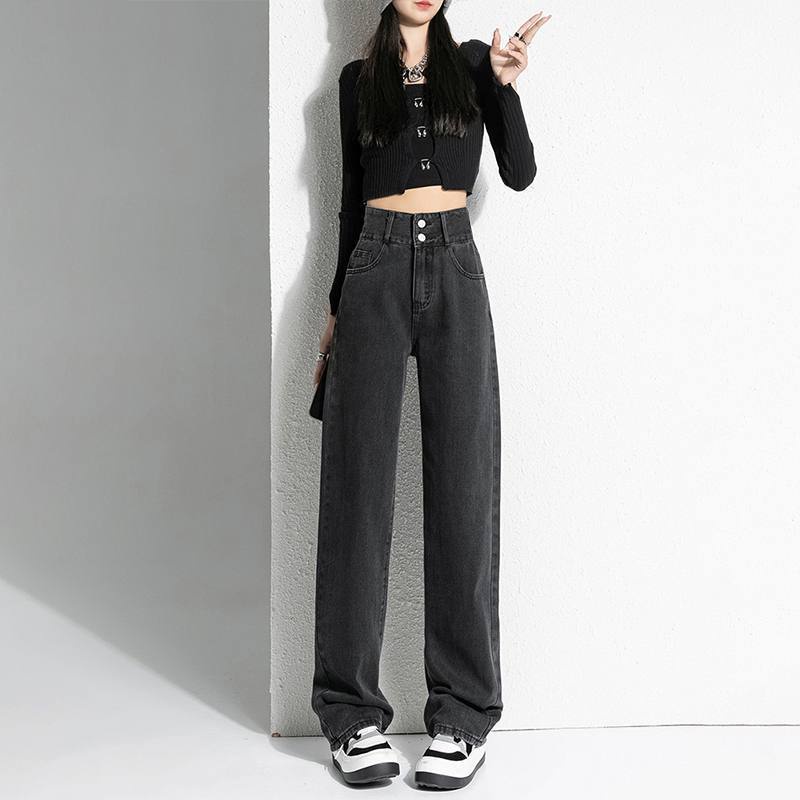 Suhao hitam dan abu-abu high-waisted wide-leg jeans wanita 2022 baru kaki lurus longgar tirai pelangsing semua pertandingan celana mengepel lantai