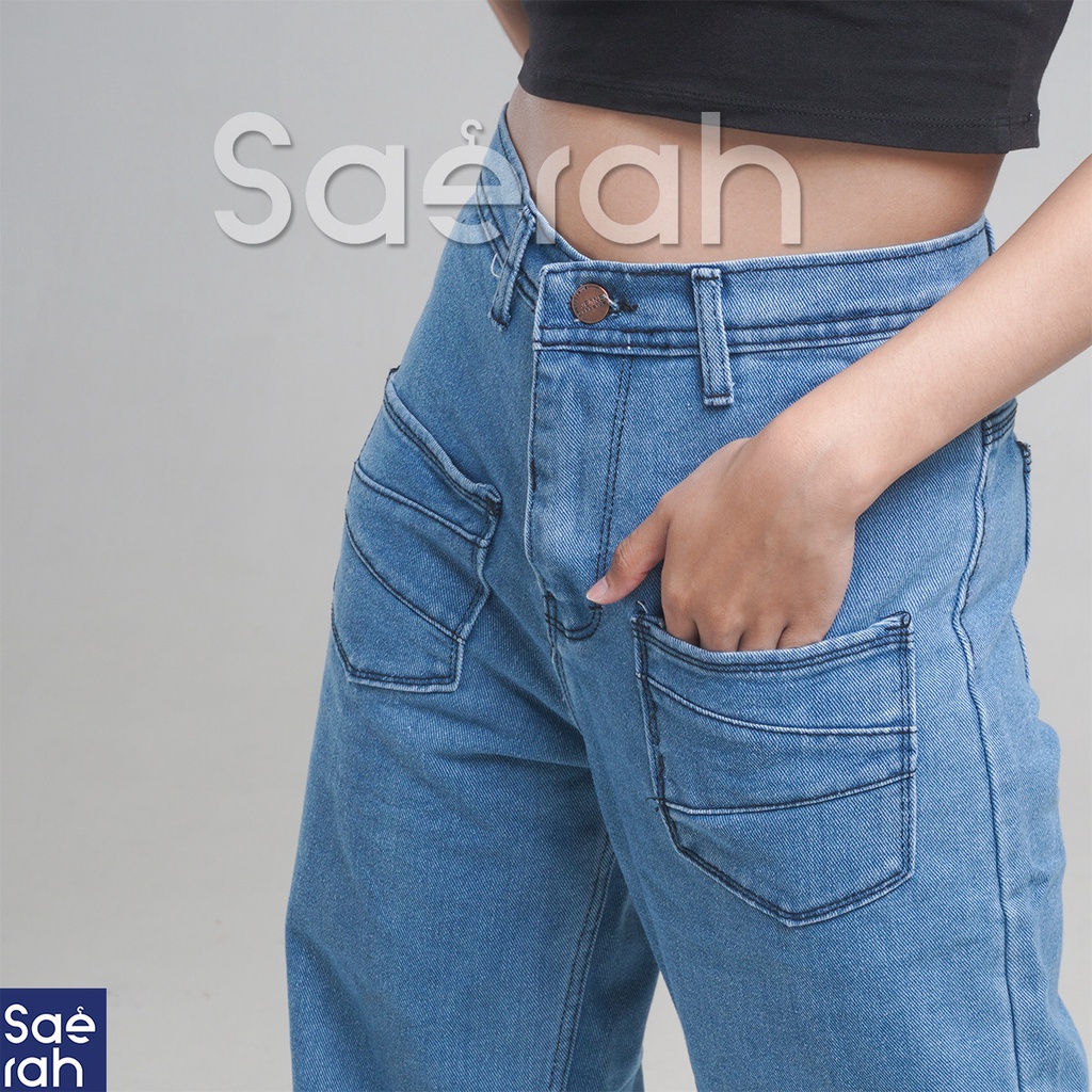 Celana Kulot Loose Jeans Wanita Kantong Depan-Celana Kulot Jeans Highwaist-Celana Panjang Cewe-Saerah Fashion