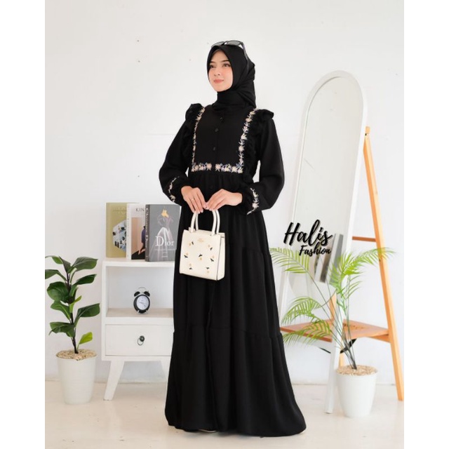 GAMIS CRINKLE BY HALIS FASHION // GAMIS POLOS MOTIF BORDIR// DRESS MUSLIMAH BORDIR