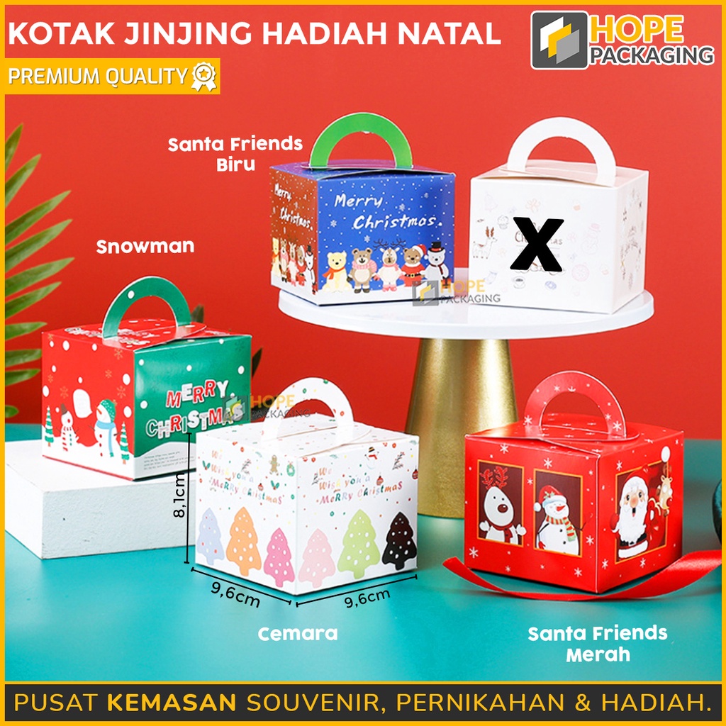 [ 3 pcs ] Box Natal Kemasan Christmas Packaging Kotak Kue / kotak Jinjing Bentuk Kotak Size : 9.6 x 9.6x 8.1 cm