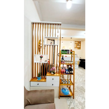 partisi sekat ruangan minimalis kayu solid box laci atas putih