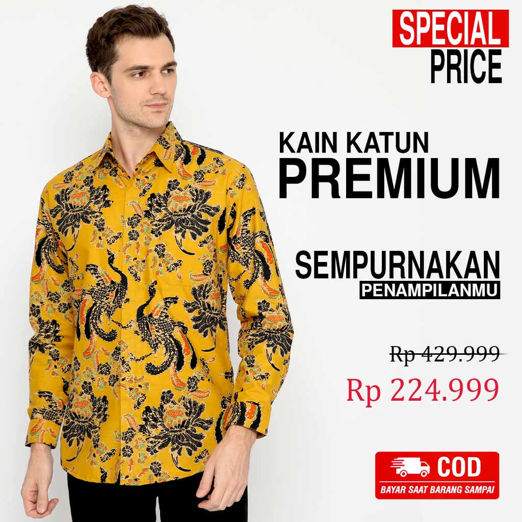 BAJU BATIK PRIA Kemeja Lengan Panjang Slimfit Slim Fit Premium Warna Kuning Hitam Orange 723207 Cap 72 - Baju Kemeja Atasan Pakaian Setelan Batik Pria Cowok Laki Laki Remaja Keluarga Kantor Lengan Panjang Modern Slimfit Slim Fit Premium Kekinian